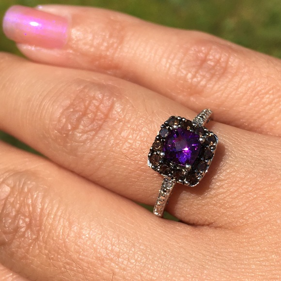 10k Solid White Gold Amethyst & Smokey Quartz Ring - Picture 9 of 15